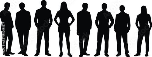 Professional business people silhouettes collection group of diverse corporate team members standing in formal office wear and casual outfits isolated on white background.