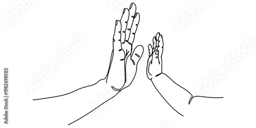 Continuous line drawing of an adult hand giving a high five to a small child hand on white background