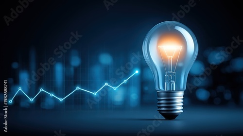 Concept of investing with AI. A glowing light bulb symbolizes innovation and bright ideas, with a rising digital graph representing growth and progress in a futuristic blue setting.