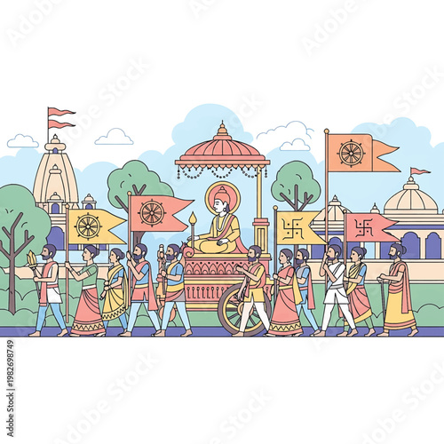 Hindu procession with a religious leader.