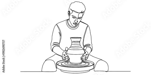 A black and white continuous line drawing of a young man focused on crafting a ceramic pottery vase
