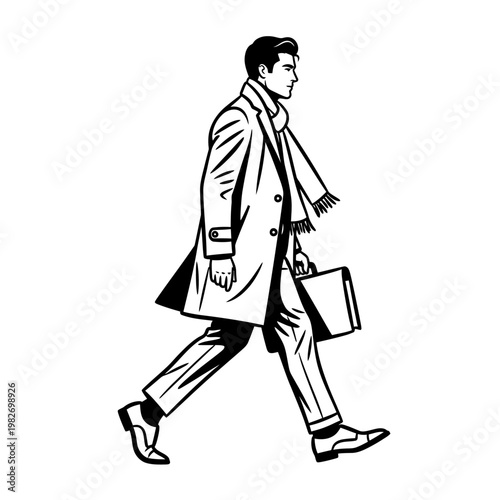Man in Coat and Scarf Walking with Briefcase, Business Style, Winter Fashion