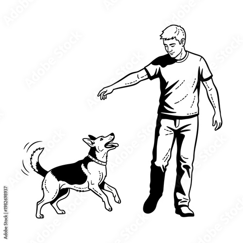 Man playing with dog, training, obedience, happy pet, active lifestyle, outdoors, fun, friendship