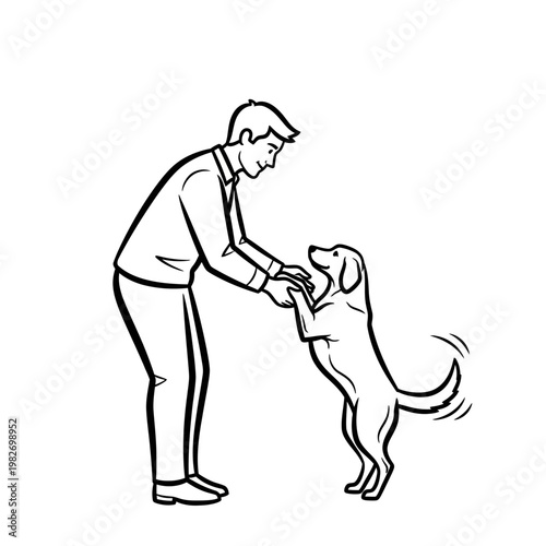 Man playing with happy dog, training, pet owner interaction, friendship, outdoor activity