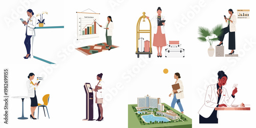 Collection of Flat Vector Illustrations Featuring a Professional Woman Performing Various Tasks in a Hotel and Hospitality Management Setting