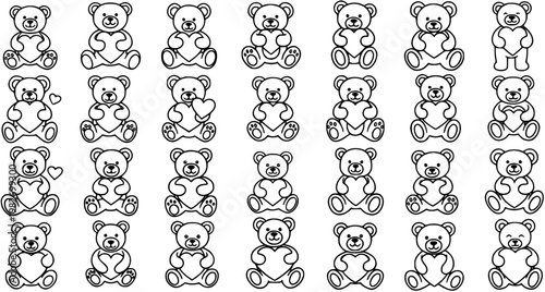 Black and White Line Art Teddy Bears Holding Hearts, Cute Vector Illustrations for Love and Romance