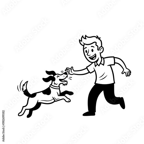 Happy boy playing fetch with energetic dog outdoors, joyful moment, friendship, active lifestyle