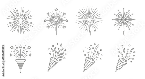 Fireworks illustrations in simple line art.