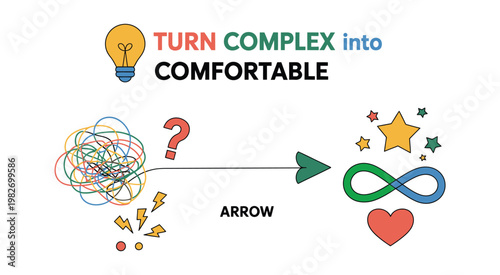Abstract transformation concept, flat vector illustration, chaotic scribbles evolving into clean star and heart shapes, representing organization, creativity, innovation, and structured thinking.
