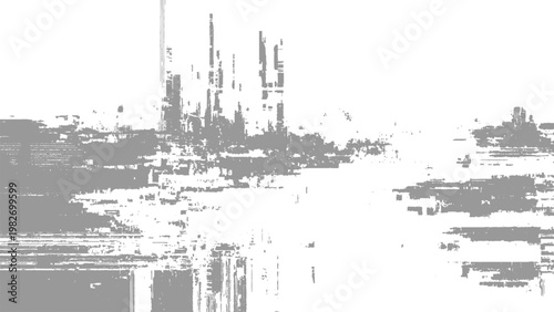 Glitchy distorted digital image with grey pixels and white background