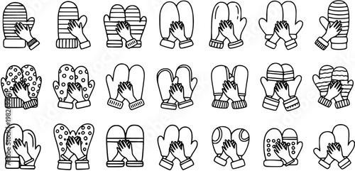Black and White Line Art Icons of Hands in Mittens, Winter Fashion and Accessories