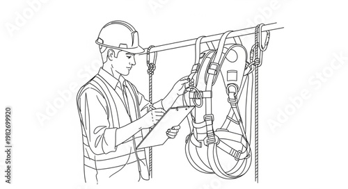 Worker Inspecting Safety Harness and Lanyard System.