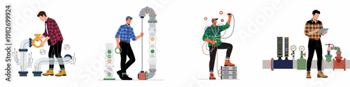 Collection of four illustrations featuring technical professionals and engineers working on industrial pipes, server racks, and infrastructure maintenance in flat design style.