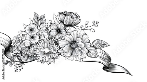 Floral bouquet with ribbon in vintage engraving style
