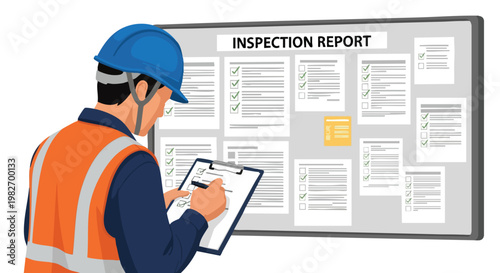 Construction Worker Inspecting Report on Bulletin Board