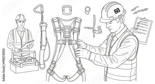 Worker demonstrates safety harness assembly and use.