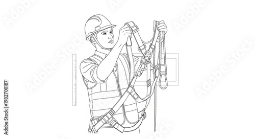Worker in Hard Hat Adjusting Safety Harness Equipment.