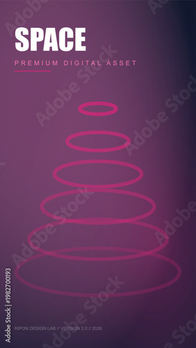 Space premium digital asset, abstract purple background with glowing pink rings, futuristic vertical vector poster for social media stories