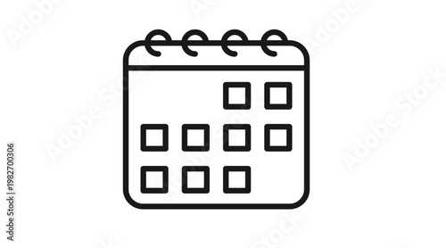 Black line art vector icon of a spiral-bound wall or desk calendar with a grid of days and marked dates, isolated on white. Minimalist graphic symbol for planning, scheduling, and time management.