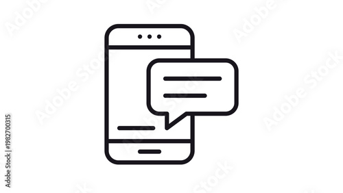 Minimalist black line vector icon of a smartphone with a speech bubble notification, representing mobile messaging, texting, online chat, communication, and digital social media interaction.