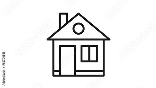 Simple black line art vector icon of a house with a chimney, triangular roof, circular attic window, door, and square window, isolated on a white background for minimalist graphic design.