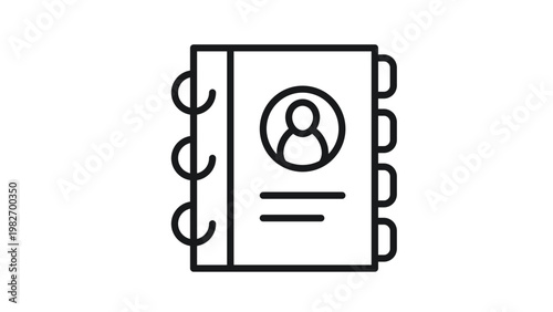 Minimalist black line vector icon of an address book or contact directory with a user profile symbol, spiral binding, and index tabs, perfect for business and communication design projects.