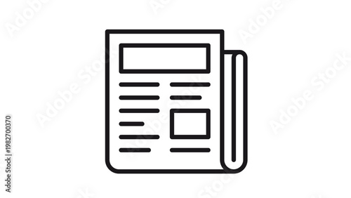 Minimalist black line art vector icon of a folded newspaper featuring a headline box, text columns, and a photo placeholder, ideal for journalism, media, news, and information design projects.