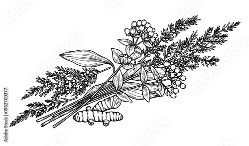 Wild herbal bouquet line art vector with juniper hypericum and turmeric in black and white