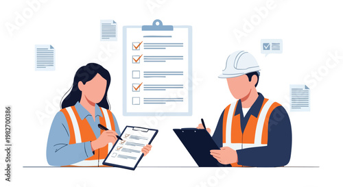 Construction Workers Reviewing Checklist on Clipboard. Safety Inspection.