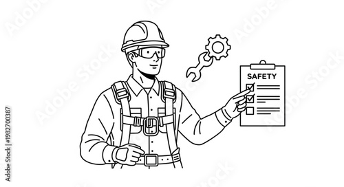Worker in safety gear pointing to safety checklist with tools.