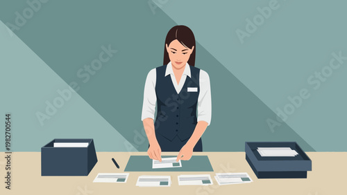 Office worker organizing mail at a desk with a printer and inbox