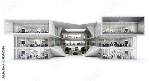 A cutaway illustration of a modern office building interior with multiple levels showing various people working at desks in a corporate environment from an exterior viewpoint.
