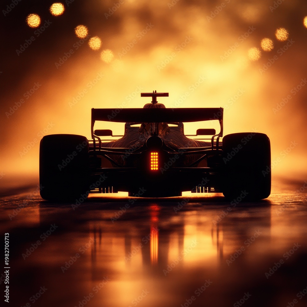 Fototapeta premium rear silhouette of an open-wheel race car on a wet reflective track with glowing rear light, golden backlighting, smoky bokeh lights and an intense adrenaline-charged atmosphere