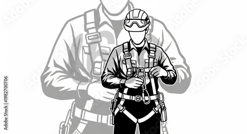 Worker in Safety Harness and Hard Hat.