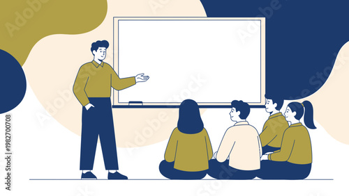 Teacher instructing students in a classroom with a blank whiteboard, modern flat illustration