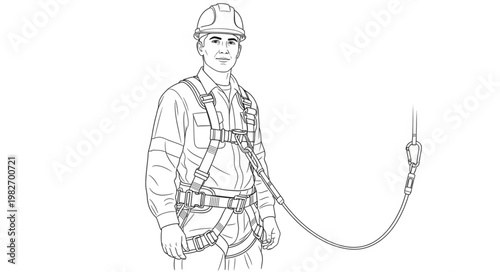 Worker in safety harness and helmet, construction safety equipment.