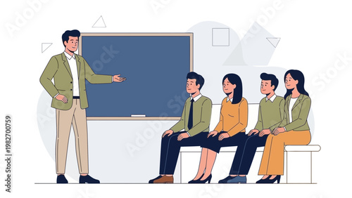 Teacher presenting to students in a classroom with a blackboard