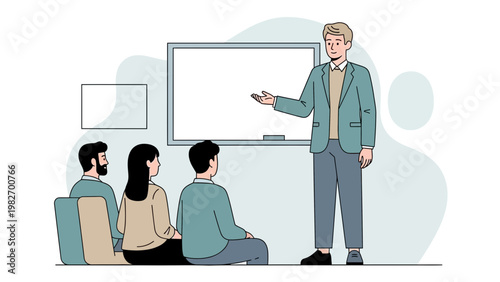 Teacher presenting to students in a classroom with a whiteboard