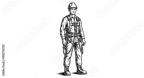 Worker in safety harness and helmet stands ready for work.