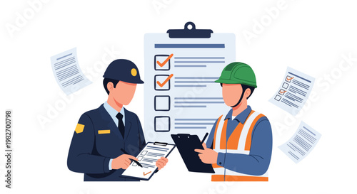 Inspectors Reviewing Checklist, Safety Audit, Compliance Check