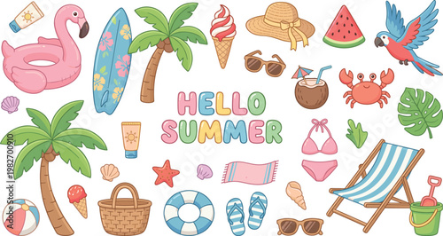 Colorful Summer Vacation Icon Set Featuring Flamingo, Surfboard, Ice Cream, Beach Accessories, and Tropical Elements for Websites and Apps