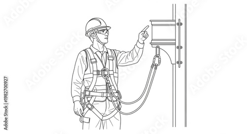 Worker in safety harness connected to fall arrest system on vertical lifeline.