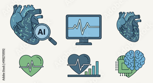 AI Heart Health Technology: Heart, Brain, ECG, Monitor, Magnifying Glass