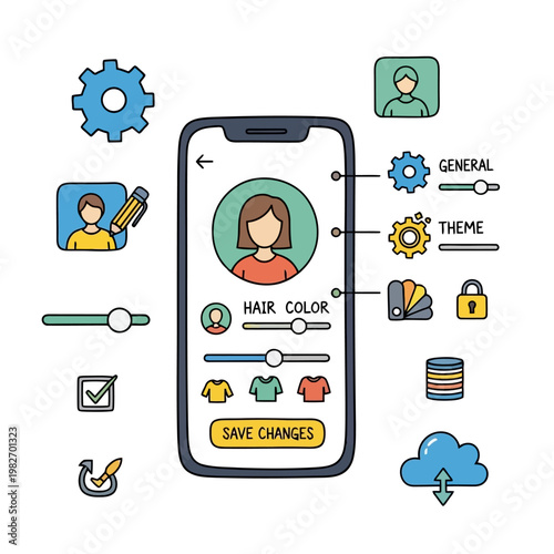Mobile phone interface profile settings screen showing customization options like hair color skin and clothing with sliders and save changes button.