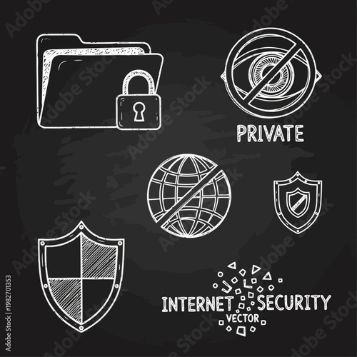 Internet security concept with icons representing privacy protection encryption and network safety against cyber threats like viruses and unauthorized access.