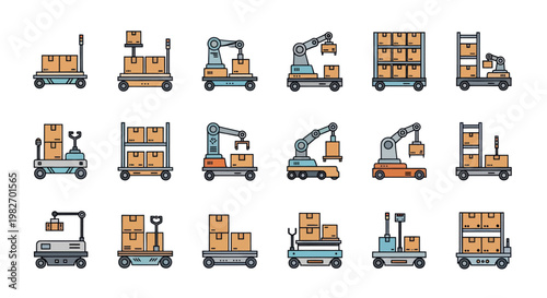 Automated Warehouse Logistics Icons: Robots, Carts, and Boxes
