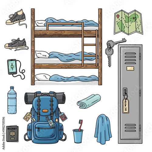 Backpacker hostel dormitory with bunk beds lockers and travel essentials like backpack shoes map and passport for budget travelers.