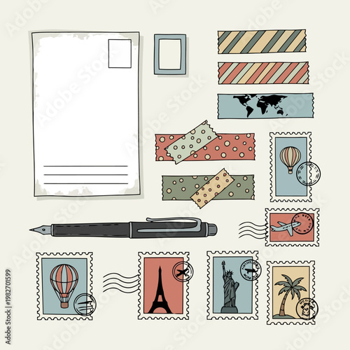 Travel themed postage and stationery collection with stamps postcards and writing instruments perfect for scrapbooking and journaling.