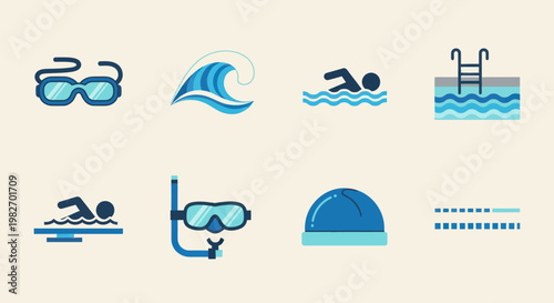 Swimming Icons: Goggles, Waves, Swimmers, Pool, Snorkel, Cap, Lanes