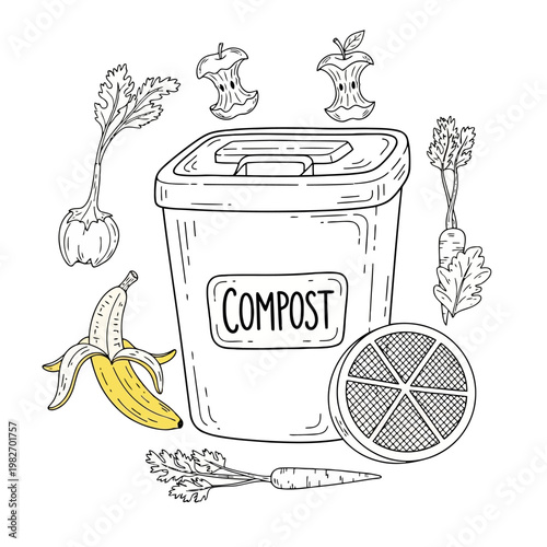 Compost bin for food waste recycling including banana peels and apple cores with carrot and celery stalks for organic gardening and sustainable kitchen waste disposal.